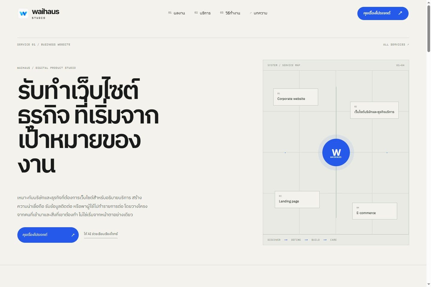 หน้าบริการเว็บไซต์ธุรกิจ Waihaus บน desktop ก่อนปรับเนื้อหารอบนี้
