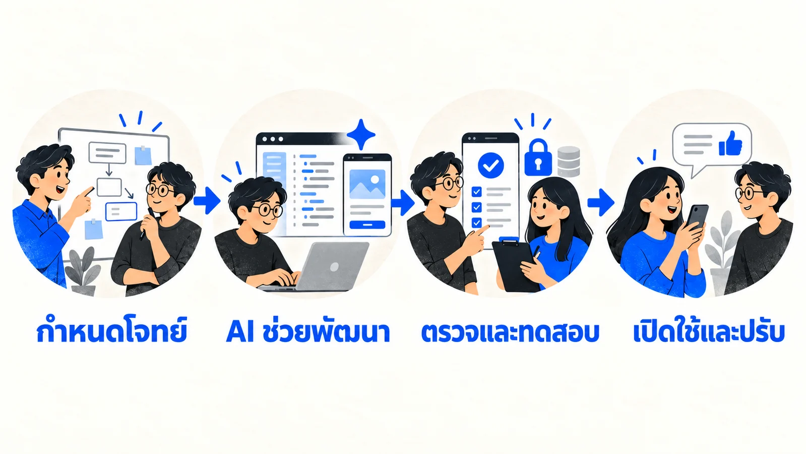 ขั้นตอนพัฒนาแอปจากกำหนดโจทย์ ให้ AI ช่วยพัฒนา ตรวจและทดสอบ แล้วเปิดใช้และปรับ