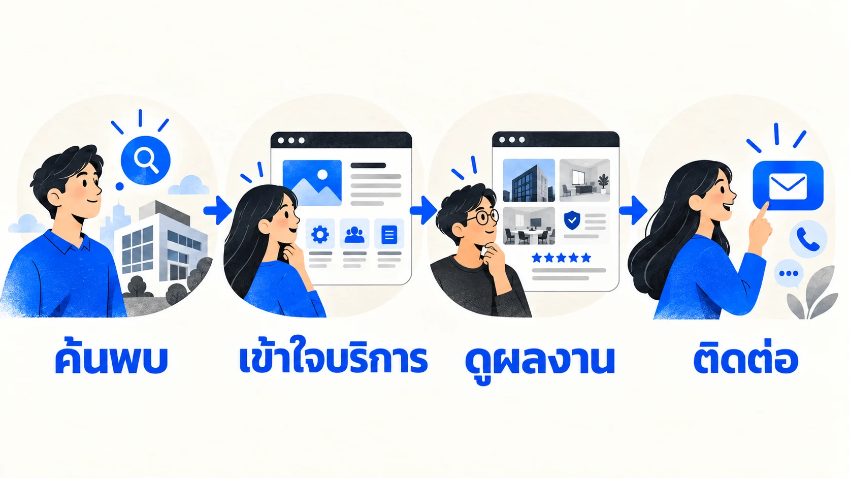 เส้นทางจากหน้าแรกไปยังหน้าบริการ ผลงาน และติดต่อ