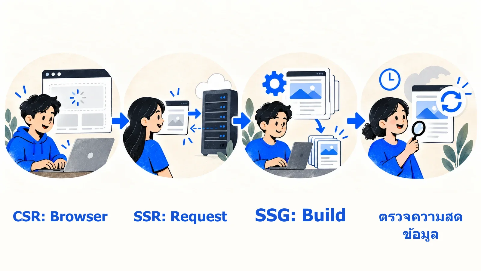 เวลาที่สร้างหน้าเว็บของ CSR SSR และ SSG