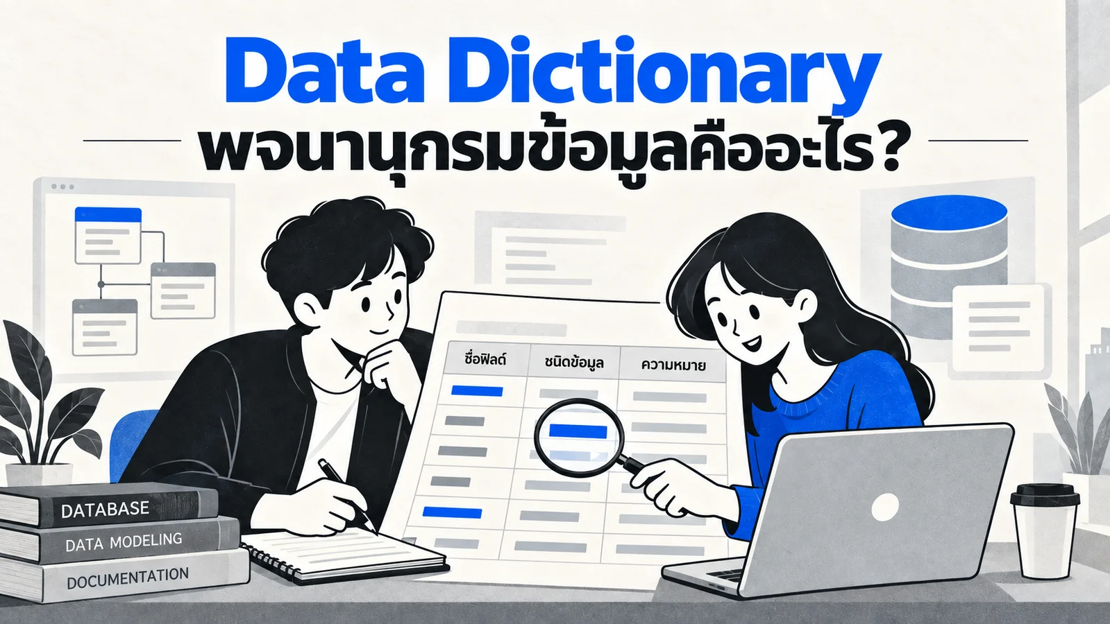 นักศึกษาร่วมกันอธิบายตารางฐานข้อมูลด้วยชื่อฟิลด์ ชนิดข้อมูล และความหมายในพจนานุกรมข้อมูล