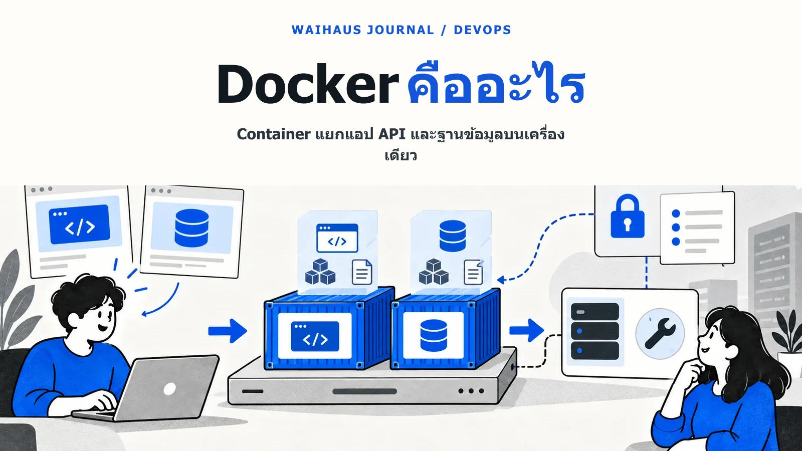 ภาพ Container แยกแอป API และฐานข้อมูลบนเครื่องเดียว