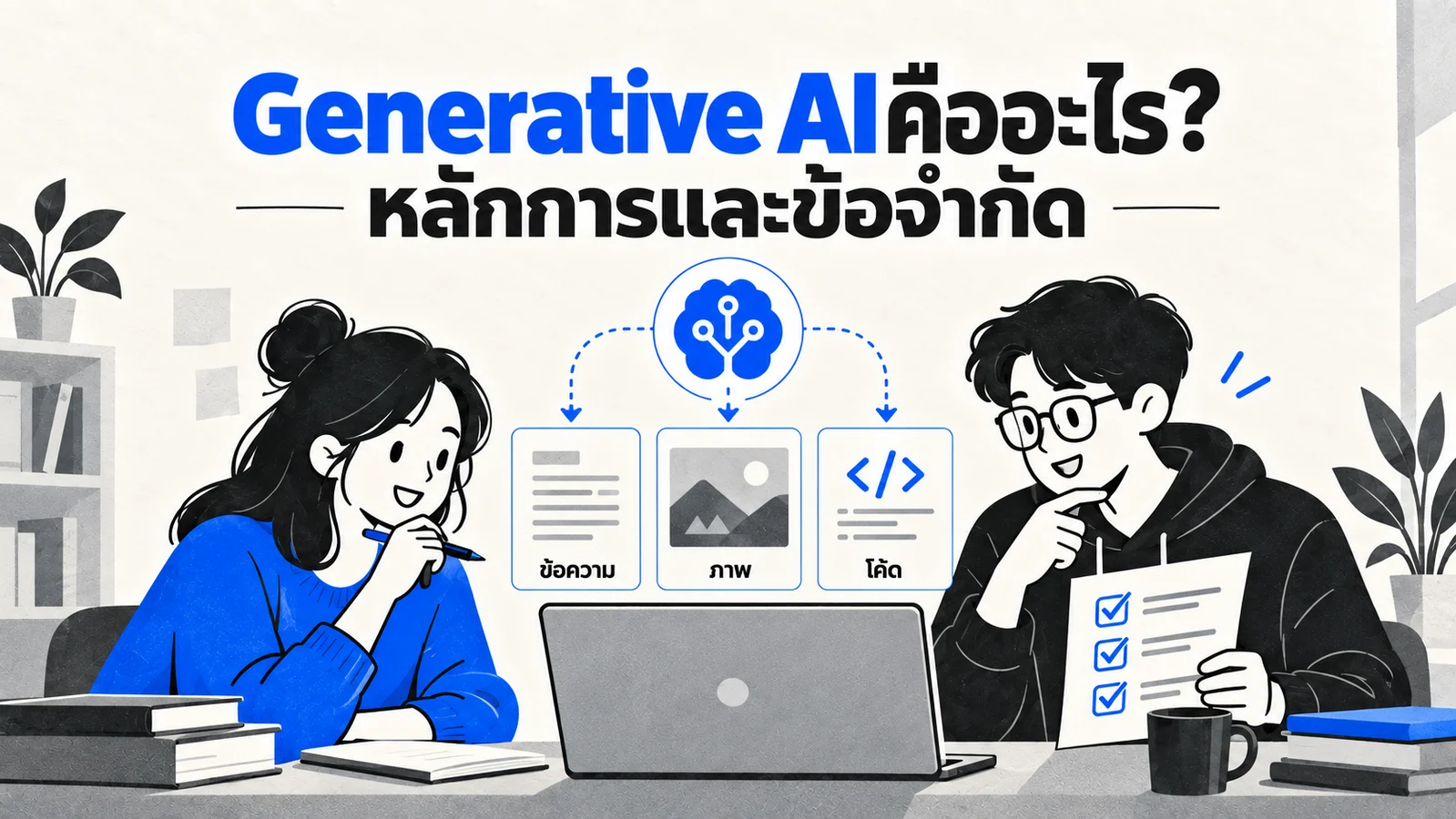 ภาพประกอบแนวคิด Generative AI ที่เชื่อมข้อมูล โมเดล และผลลัพธ์ข้อความกับภาพ