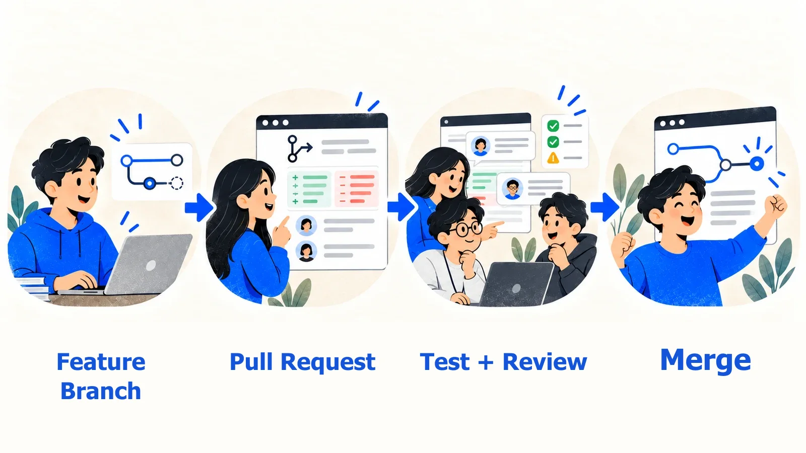 Feature Branch ผ่าน Test และ Review ก่อน Merge