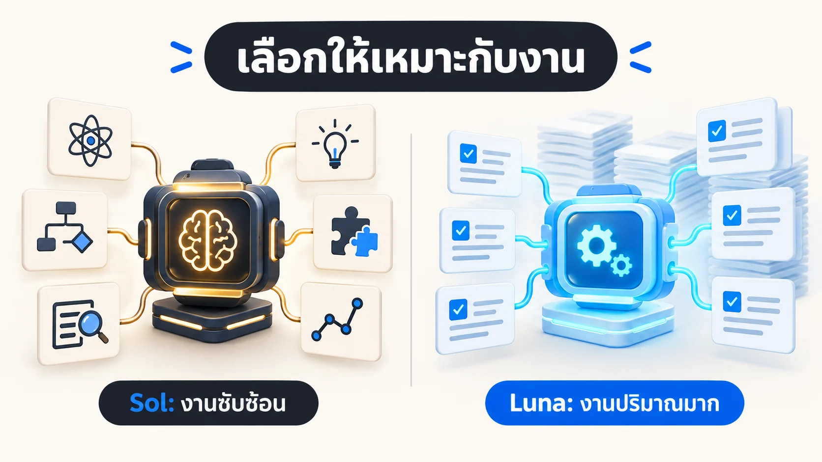 ภาพเปรียบเทียบ Sol สำหรับงานซับซ้อนและ Luna สำหรับงานปริมาณมาก