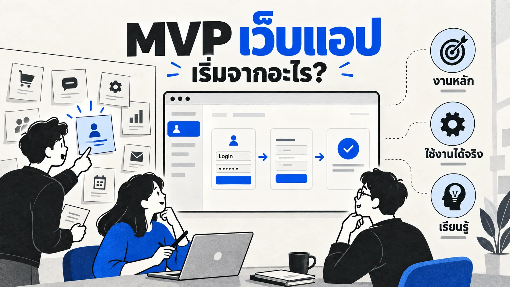 ภาพขอบเขต MVP เว็บแอปที่มีงานหลักและฟังก์ชันจำเป็น