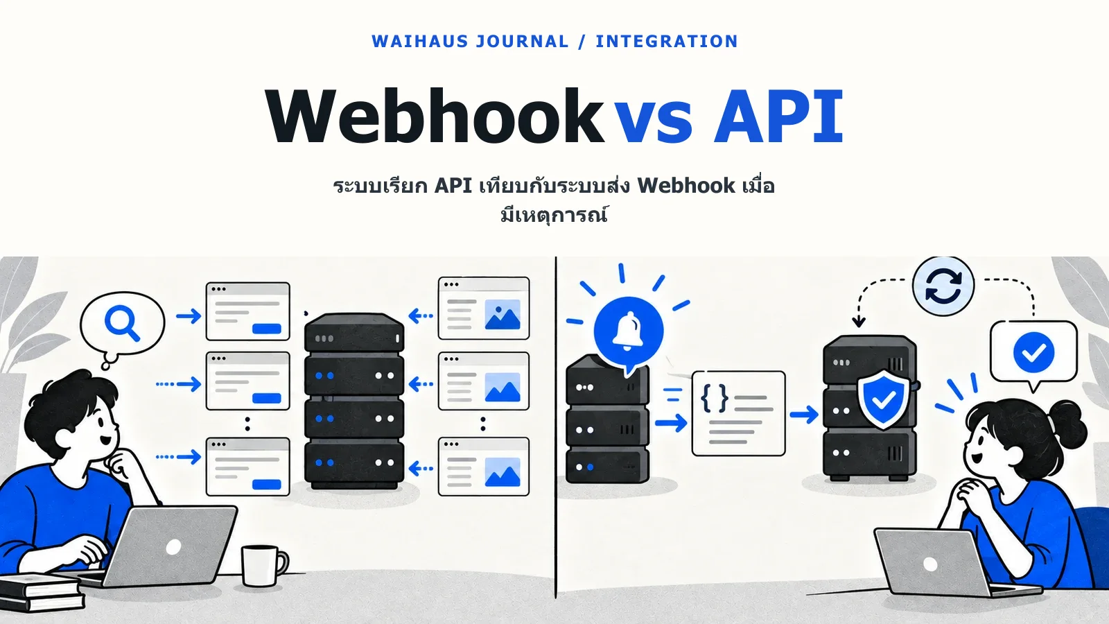 ภาพระบบเรียก API เทียบกับระบบส่ง Webhook เมื่อมีเหตุการณ์