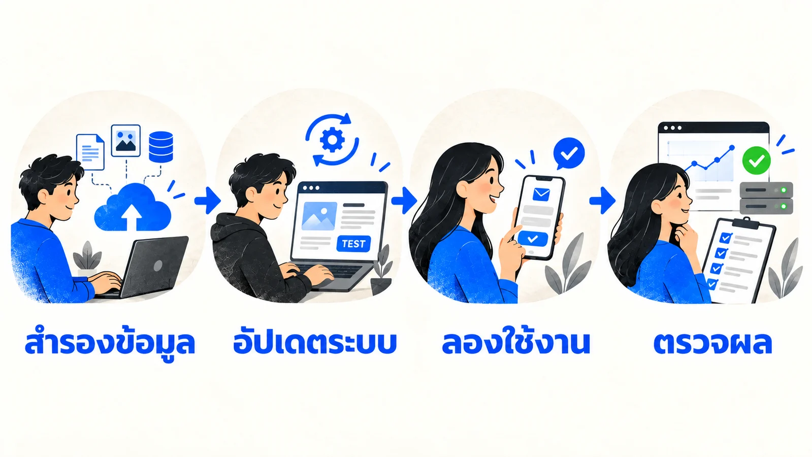 ขั้นตอนดูแลเว็บไซต์จากสำรองข้อมูล อัปเดตระบบ ทดลองใช้งาน และตรวจผล