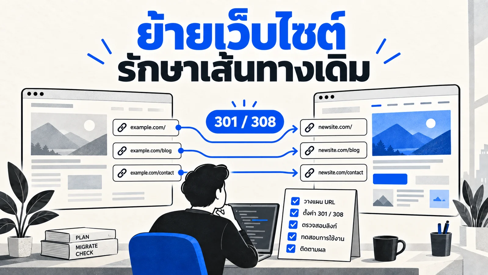 ภาพการย้ายหน้าจากเว็บไซต์เดิมไปเว็บไซต์ใหม่โดยจับคู่ URL และเชื่อมด้วยลูกศร Redirect