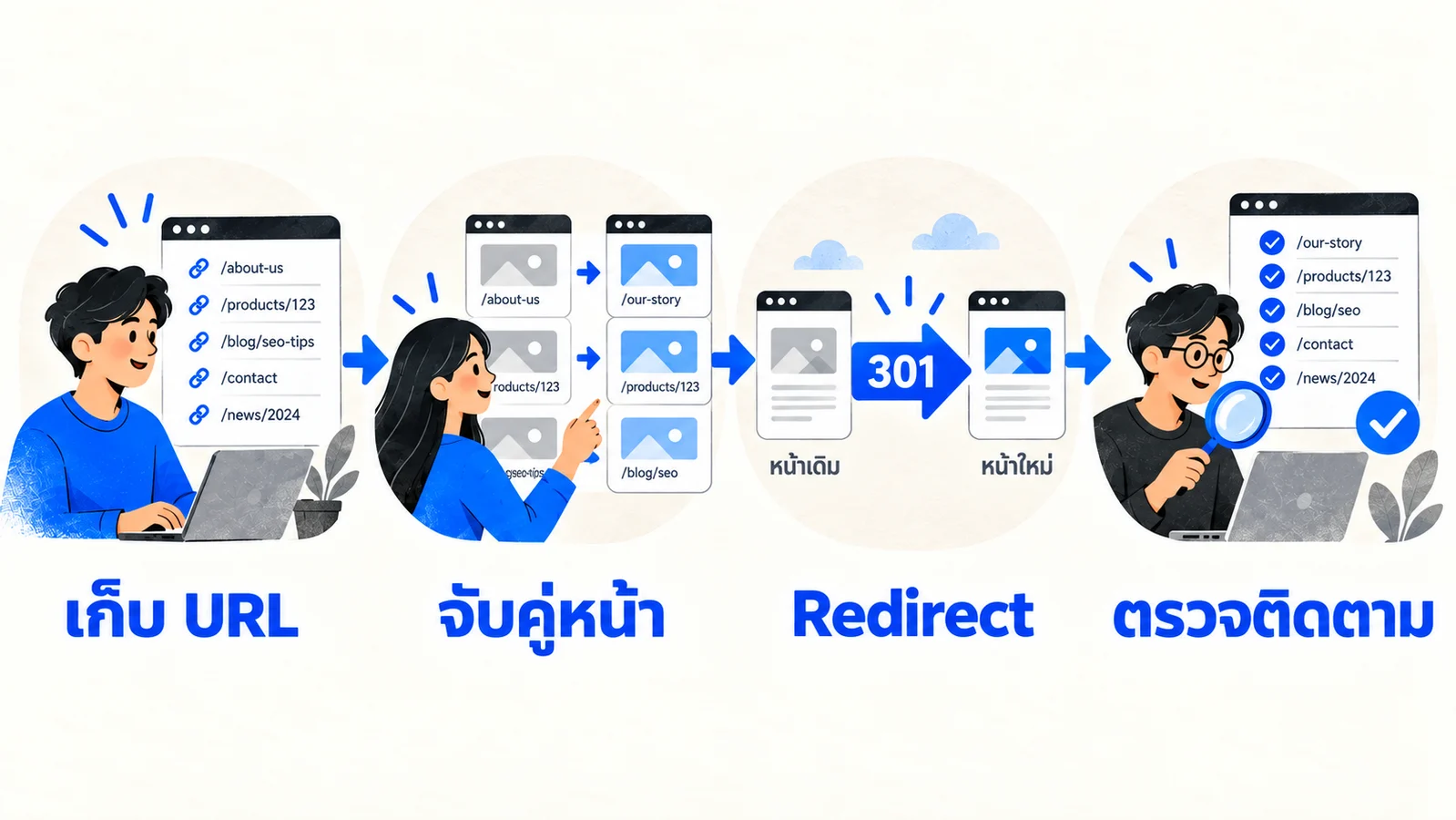 ผังย้ายเว็บไซต์จากบัญชี URL เดิม ผ่านการจับคู่ Redirect ไปยังหน้าใหม่และการติดตามผล